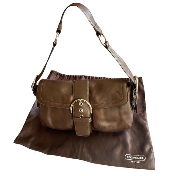 COACH 3653 Soho Double Pocket Buckle Flap Brown Leather Shoulder Bag Y2K 2005 - Picture 11 of 14
